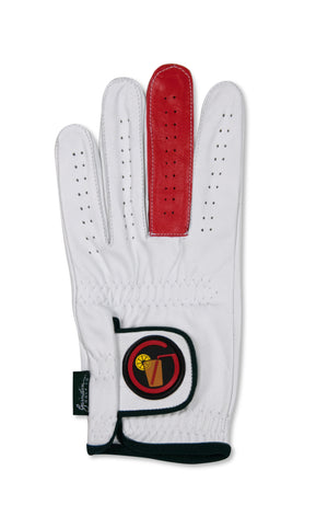 Circle Tea "Get Birdies" - White Cabretta Leather Golf Glove with a solid red "BIRDIE" finger.