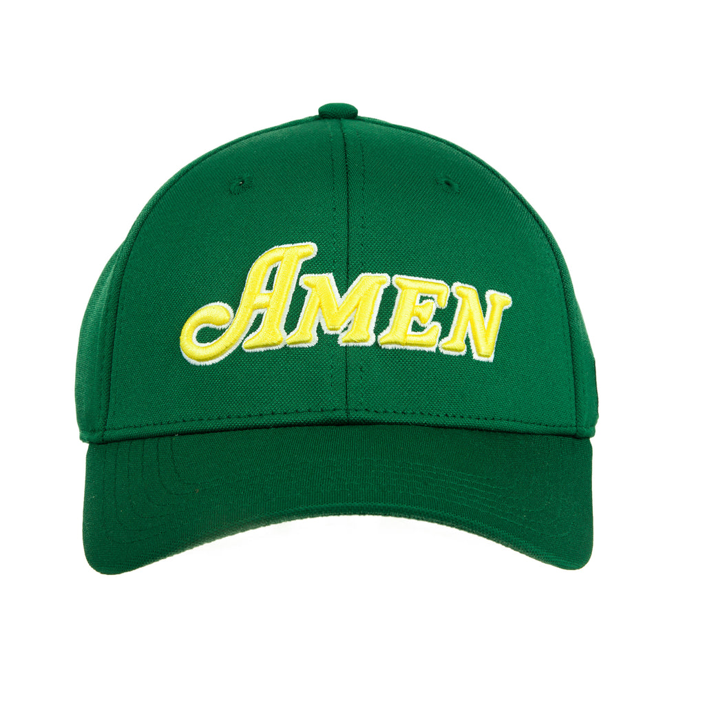 Green Curved Bill Amen Hat Nylon Blend Solid Back Snapback